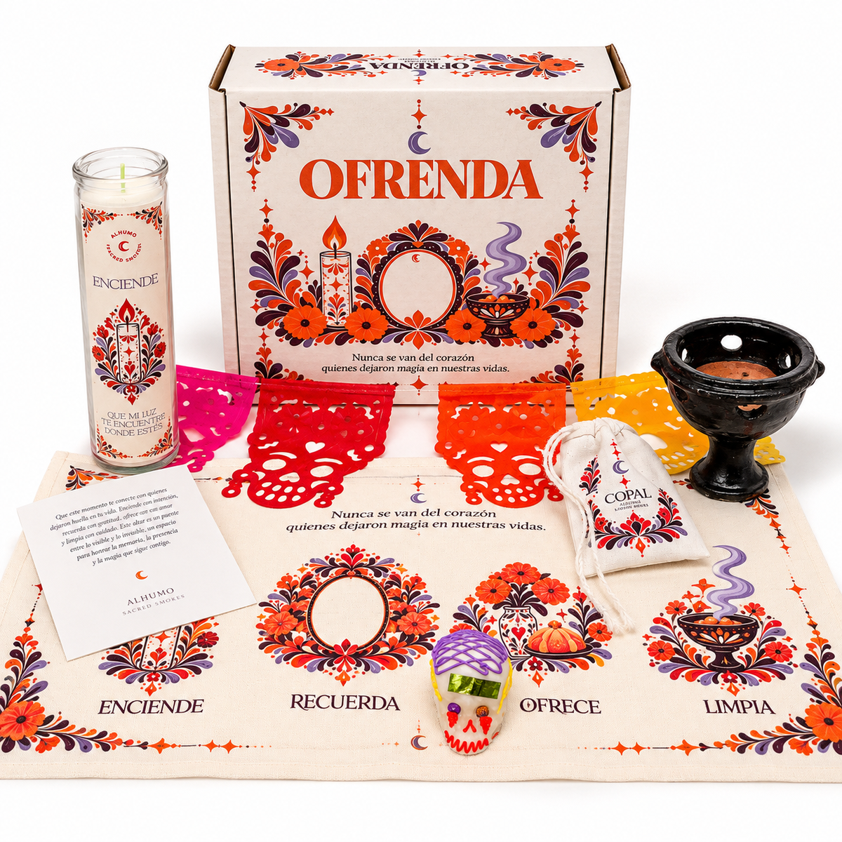 Kit Ofrenda de Día de Muertos de Alhumo Sacred Smokes con copal, copalero de barro negro y papel picado